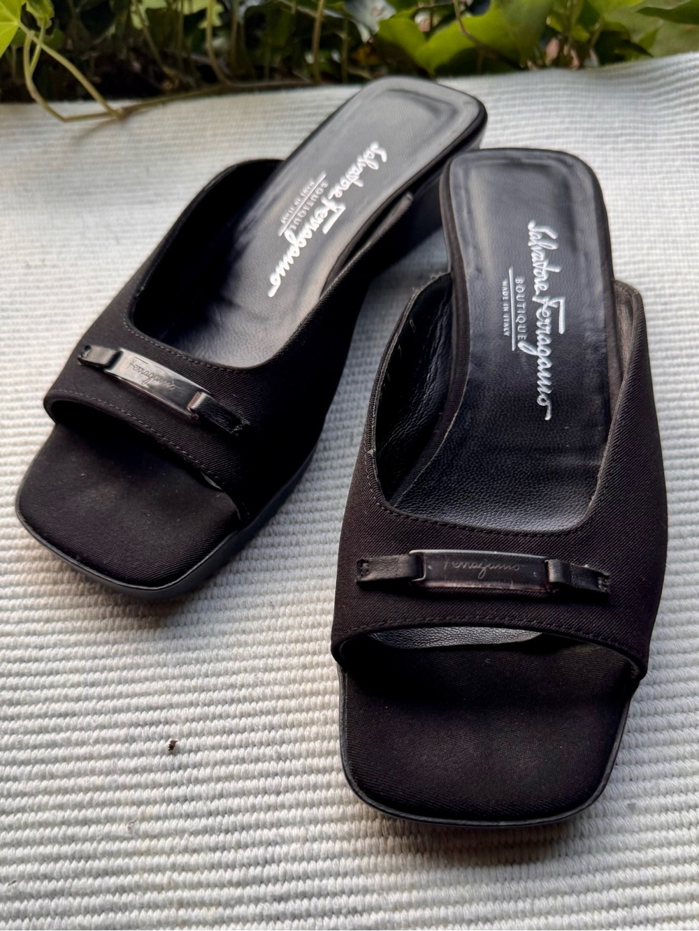 Salvatore Ferragamo Black Satin Open-Toe Slide Mules